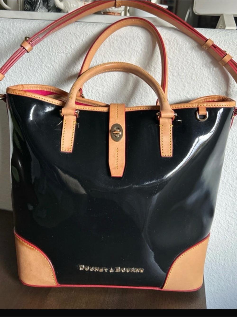 Dooney & Bourke Black Patent Tote with Tan Trim and Pink Accent new.